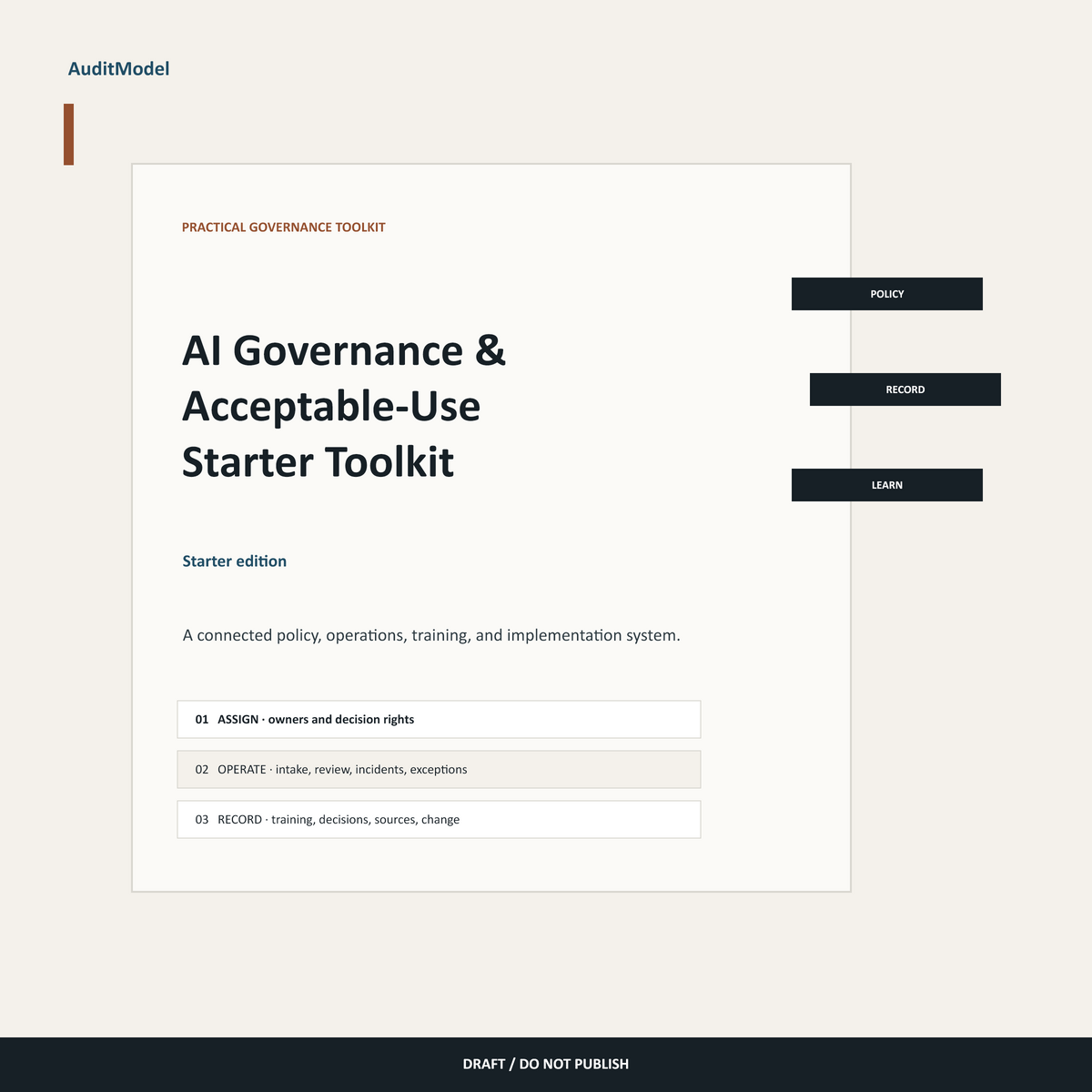 AuditModel AI Governance and Acceptable-Use Starter Toolkit overview with policy, record, and staff-learning components.