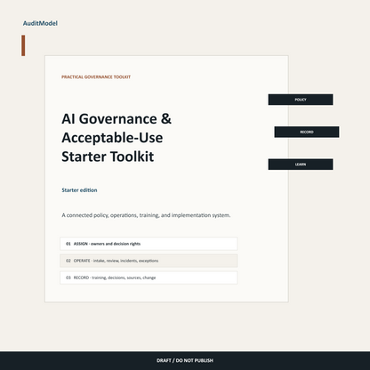 AuditModel AI Governance and Acceptable-Use Starter Toolkit overview with policy, record, and staff-learning components.
