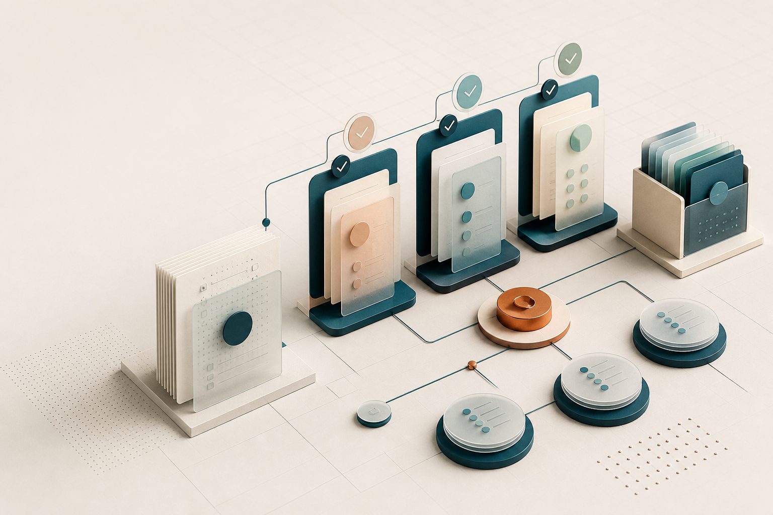 Editorial illustration of connected governance documents, review checkpoints, and retained evidence