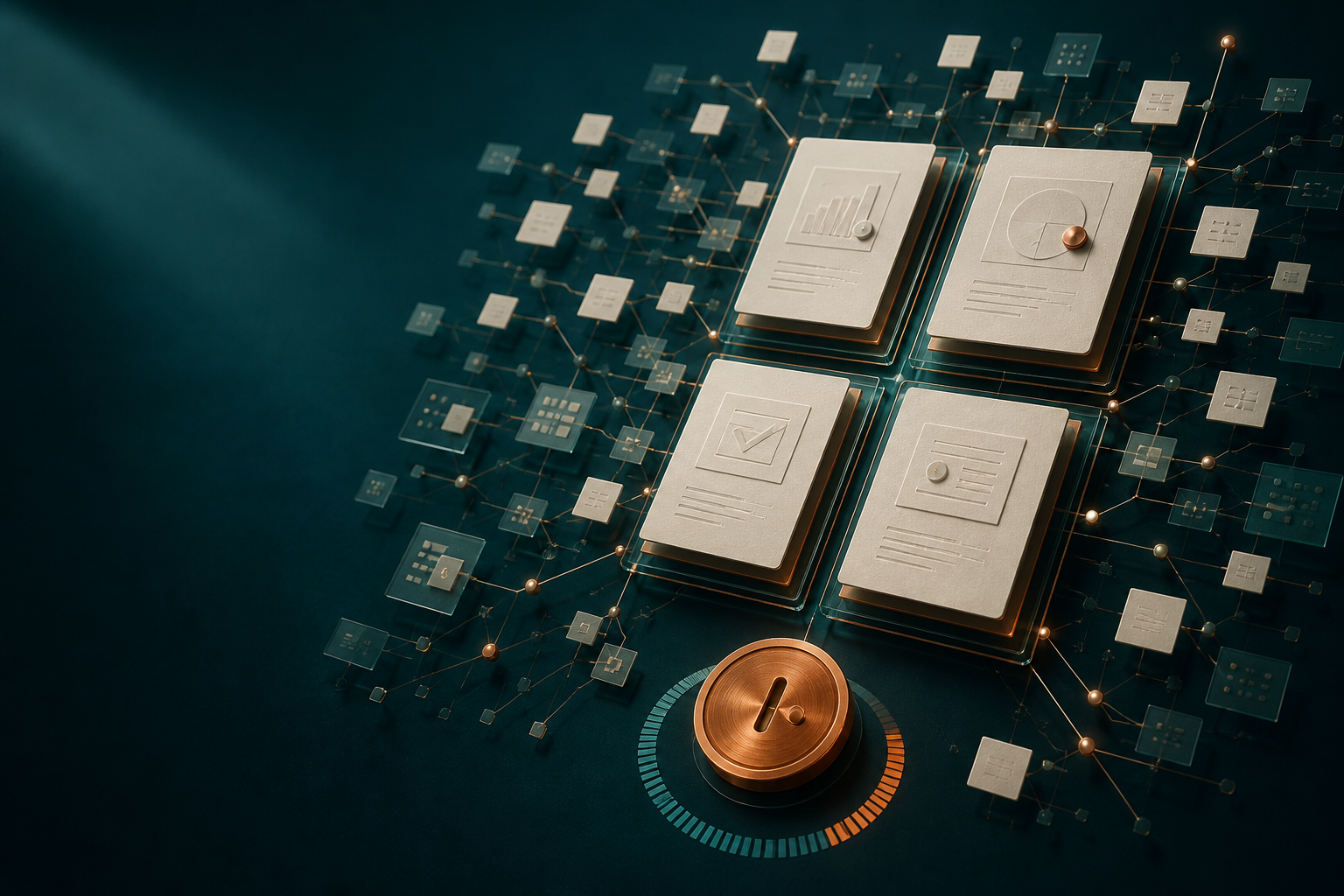 Premium illustration of connected evidence tiles converging into four structured governance records